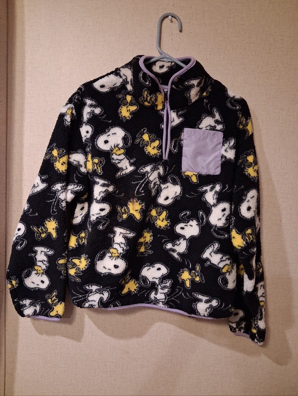 Peanuts Snoopy & Woodstock Womens Quarter Zip Print Fleece Jacket  Black
